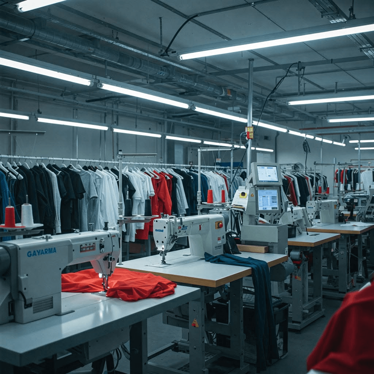 Manufacturing floor producing solid-color garments